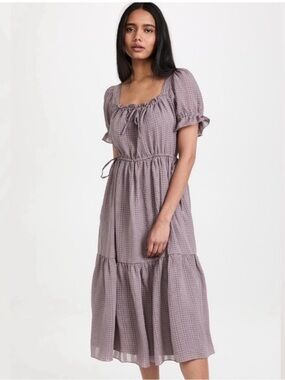 Madewell Purple Plaid Square Neck Tiered Textured Seersucker Midi Size Medium